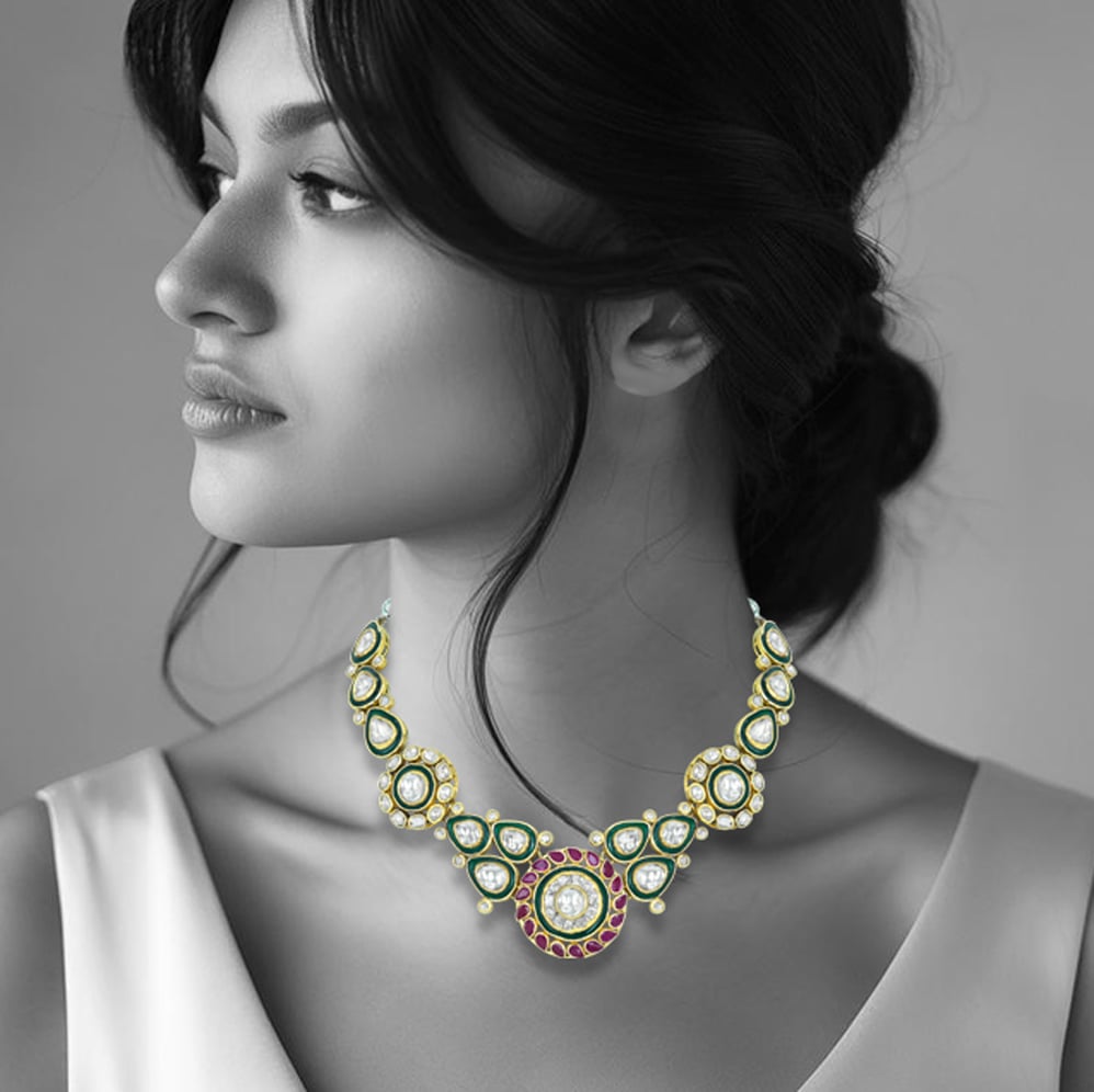 Polki Necklace with Red Rubies and Green Enamel